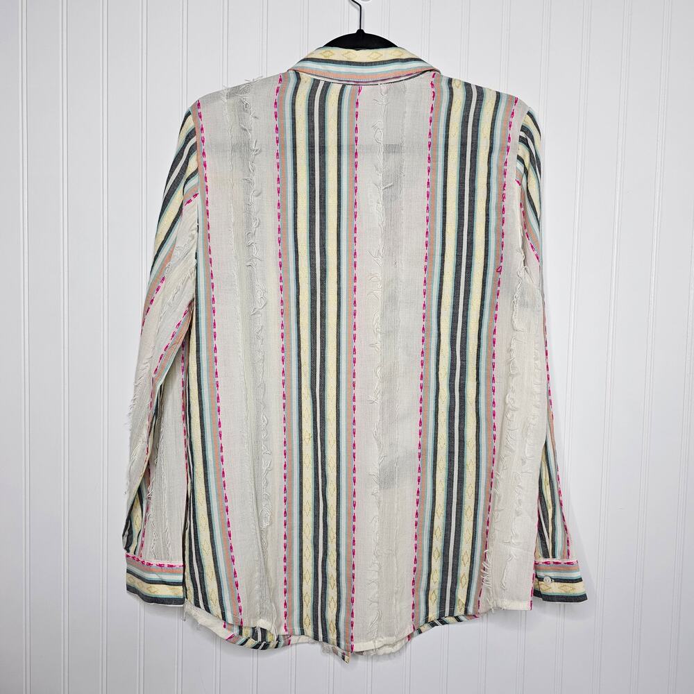 Chico's Women's Printed Embellished Floral Top Size 8 Embroidered Beaded Striped - Picture 7 of 11